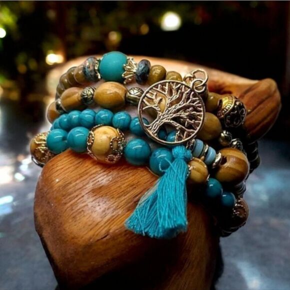 4pc Set Boho Turquoise Beaded Stacked Tree Tassel Charm Bracelet Stretch Beads - Picture 2 of 6